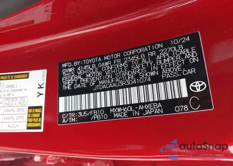 2024 Toyota Prius Le z USA, uszkodzony, nr VIN JTDACAAU3R3041074